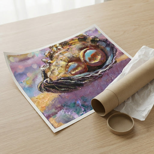 Así llega: reimpresión en papel enrollada en tubo protector con papel de seda, sin marco