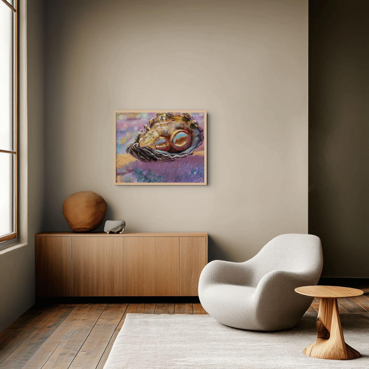 Luz de Nácar reimpresión en papel fine art 76×60 cm, a escala real (marco solo de referencia, no incluido)