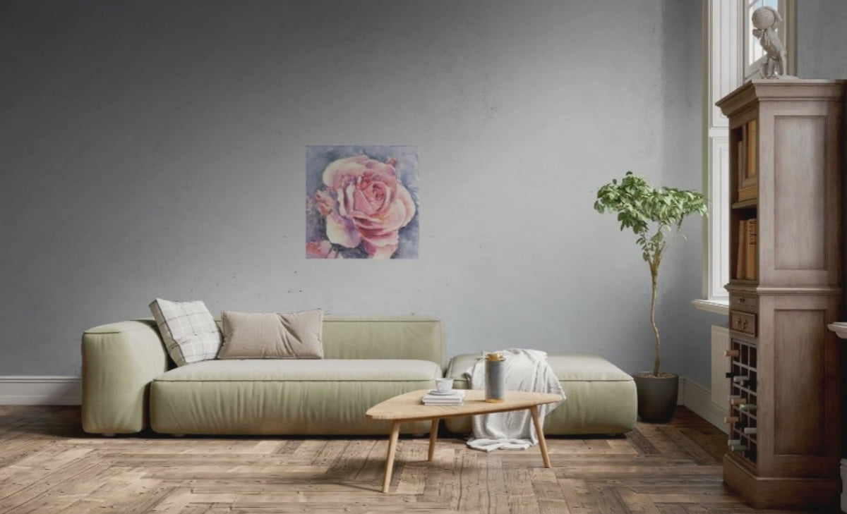 Video: Rosa reimpresión 76×76 cm en una sala, a escala real